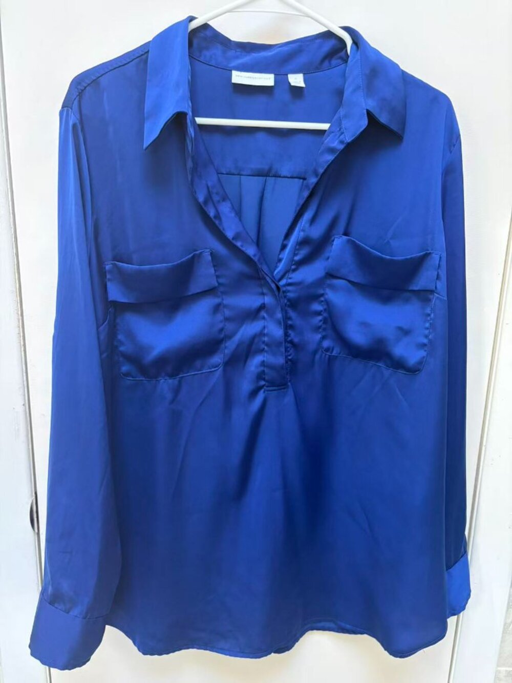 NY & Company Blue Satin Blouse Womens XL Long Sleeve Pocket V-Neck Top Pullover